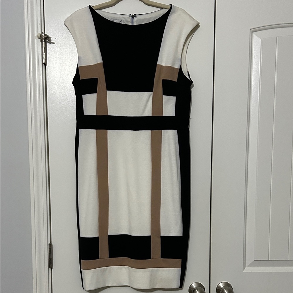 Maggy London Black and White Mini Dress with Tan Accents